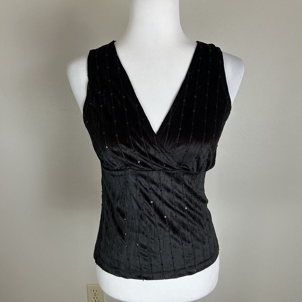 Y2K Tank Top Black Sequin Cami Vintage Size S Velvet Sleeveless V-neck Wrap